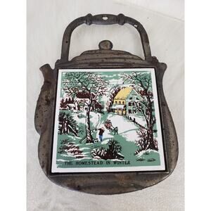 Vintage The Farmers Home Winter Cast Iron‎ Tile Trivet Homestead Cathay Decor